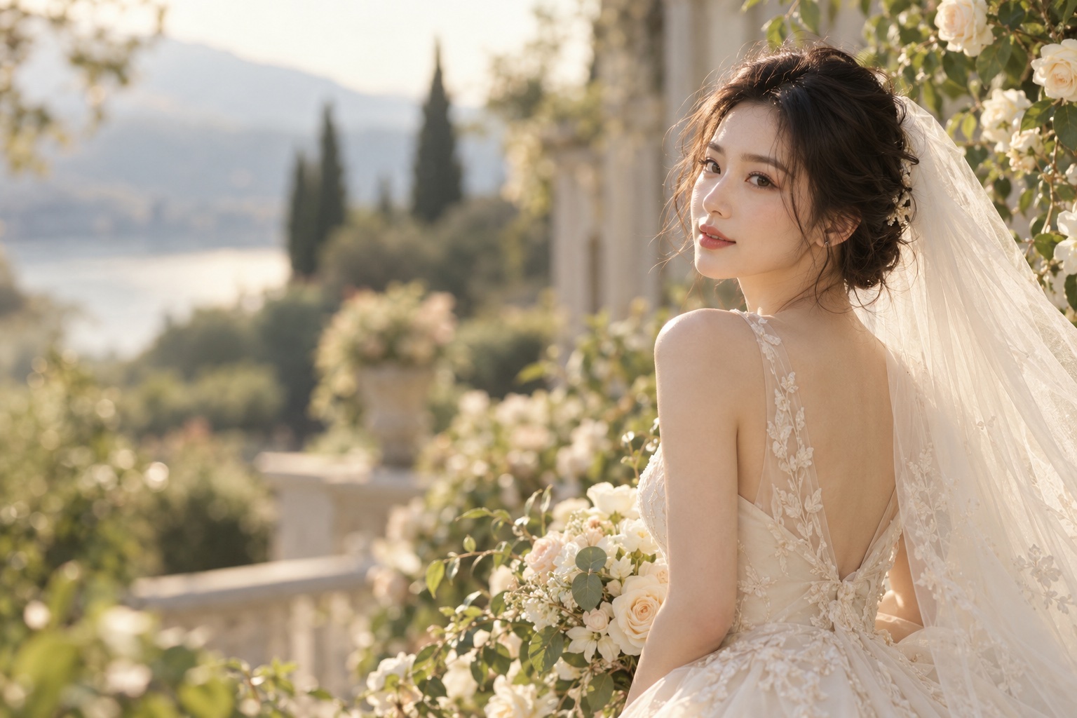 暖色花园中的中式婚纱写真视觉示意